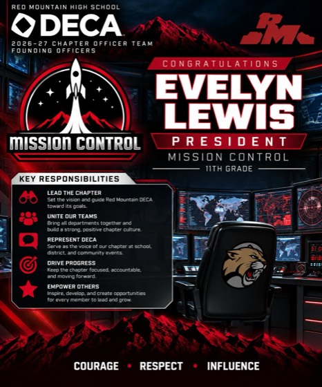 Evelyn Lewis, President, Mission Control, 11th grade — lead the chapter, unite our teams, represent DECA, drive progress, empower others