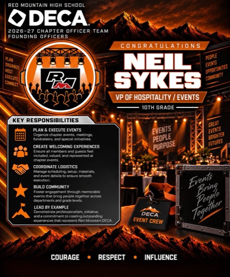 Neil Sykes, VP of Hospitality and Events, 10th grade — plan and execute events, create welcoming experiences, coordinate logistics