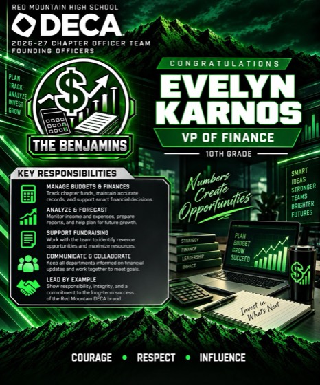 Evelyn Karnos, VP of Finance, The Benjamins, 10th grade — manage budgets and finances, analyse and forecast, support fundraising