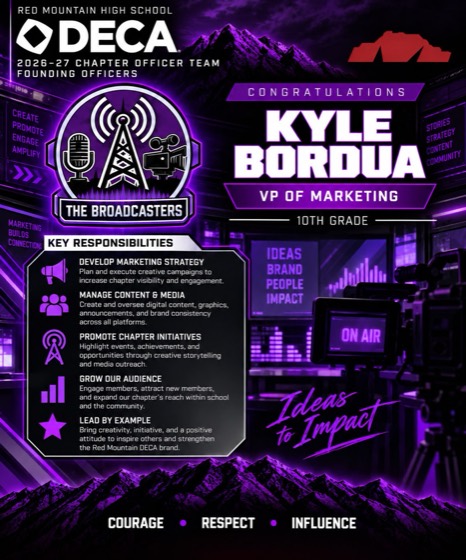 Kyle Bordua, VP of Marketing, The Broadcasters, 10th grade — develop marketing strategy, manage content and media, grow our audience