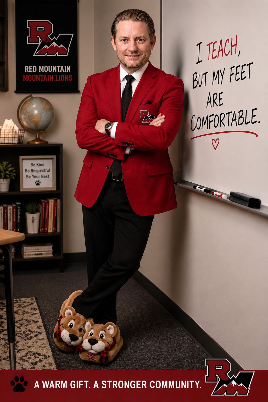 Dr. Matthew Lewis, PsyD in his classroom — RM Mountain Lions banner behind him, Red Mountain red blazer, Mountain Lion character slippers on his feet. Whiteboard reads &lsquo;I teach, but my feet are comfortable.&rsquo; Bottom banner: &lsquo;A warm gift. A stronger community.&rsquo;