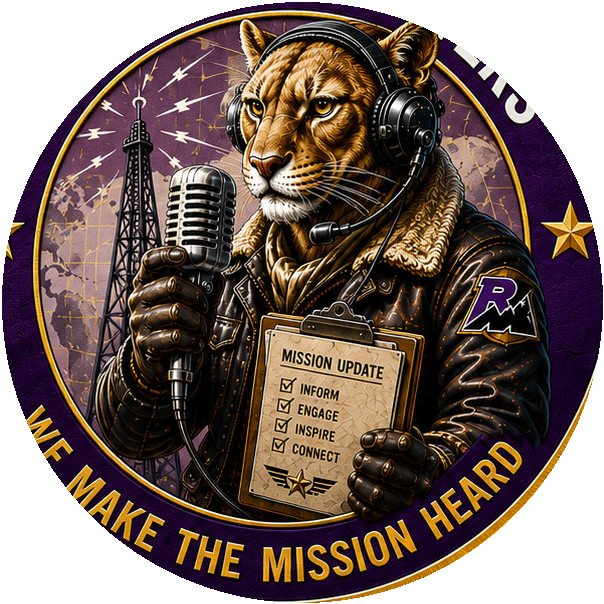 The Broadcasters Squadron patch — mic, radio tower, war correspondent