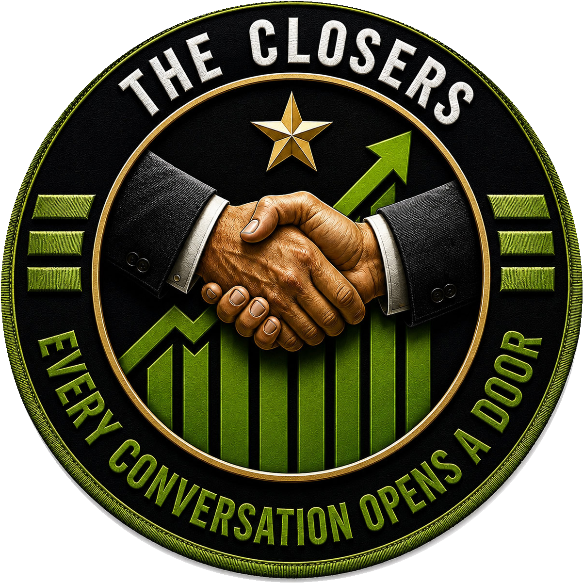The Closers Squadron patch — handshake over upward arrow