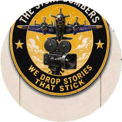 The Story Bombers Squadron patch — bomber aircraft and movie camera